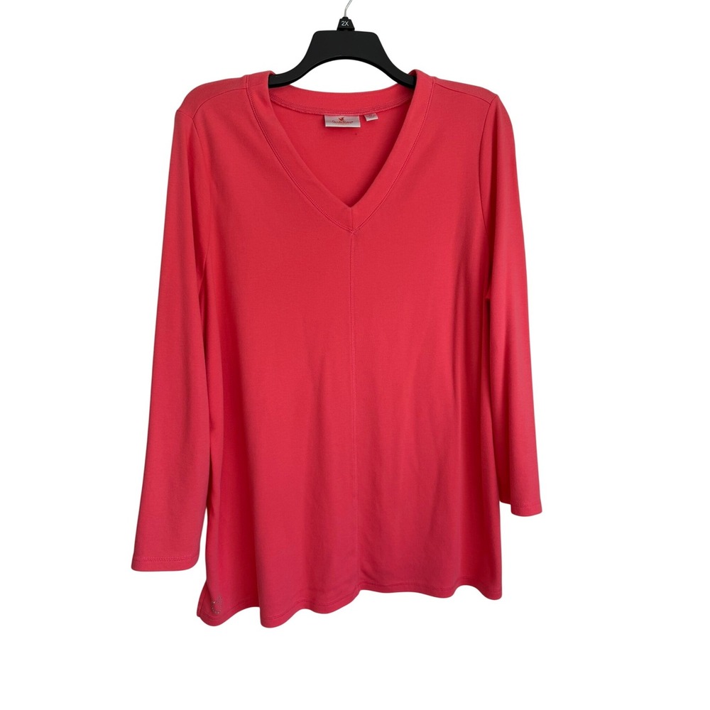 Quacker Factory Womens 3X Coral Pink V-Neck Long Sleeve‎ Tunic Rhinestone Heart